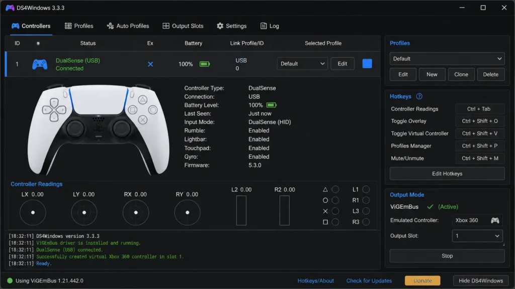 DS4Windows Main Window Showing A Connected DualSense